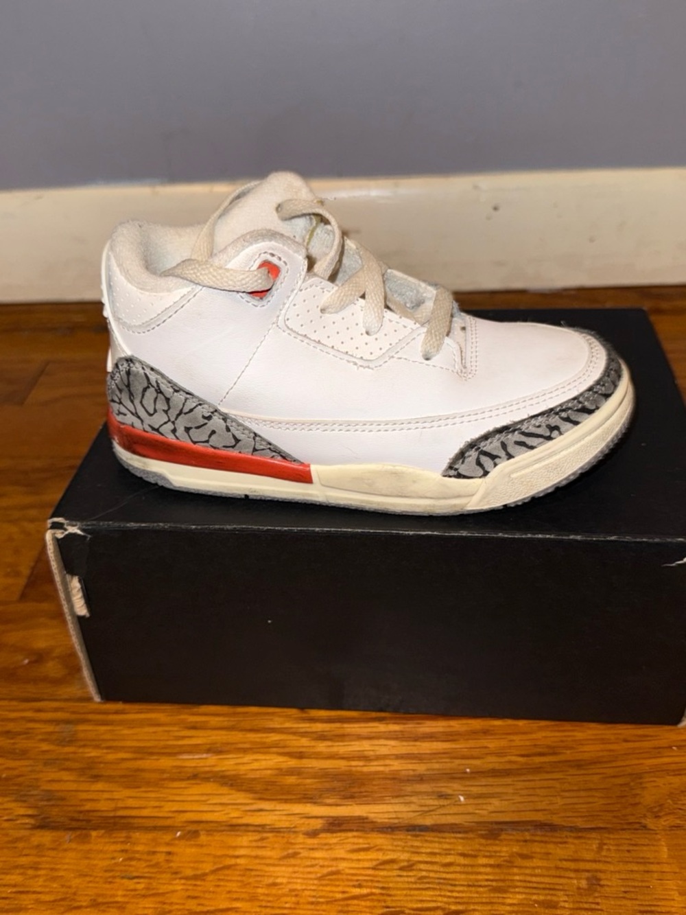 Jordan Kids White Sneakers with Gray Elephant Print and Red Accent